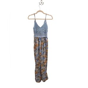BOG Collective Crocheted Blue Top Floral Jumpsuit